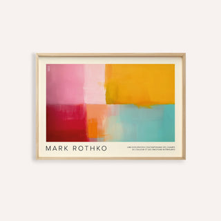 Framed Colorful Abstract Art showing blocks of pink red yellow and turquoise on a plain background