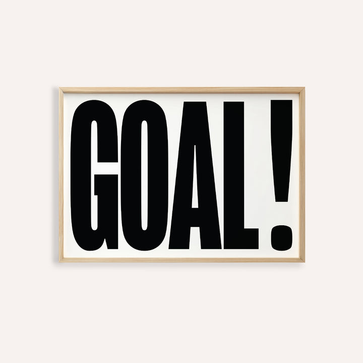 Bold wall art for games room featuring GOAL typography in black and white