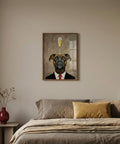 Framed artwork of a dog with a glass of champagne above its head in a bedroom setting.