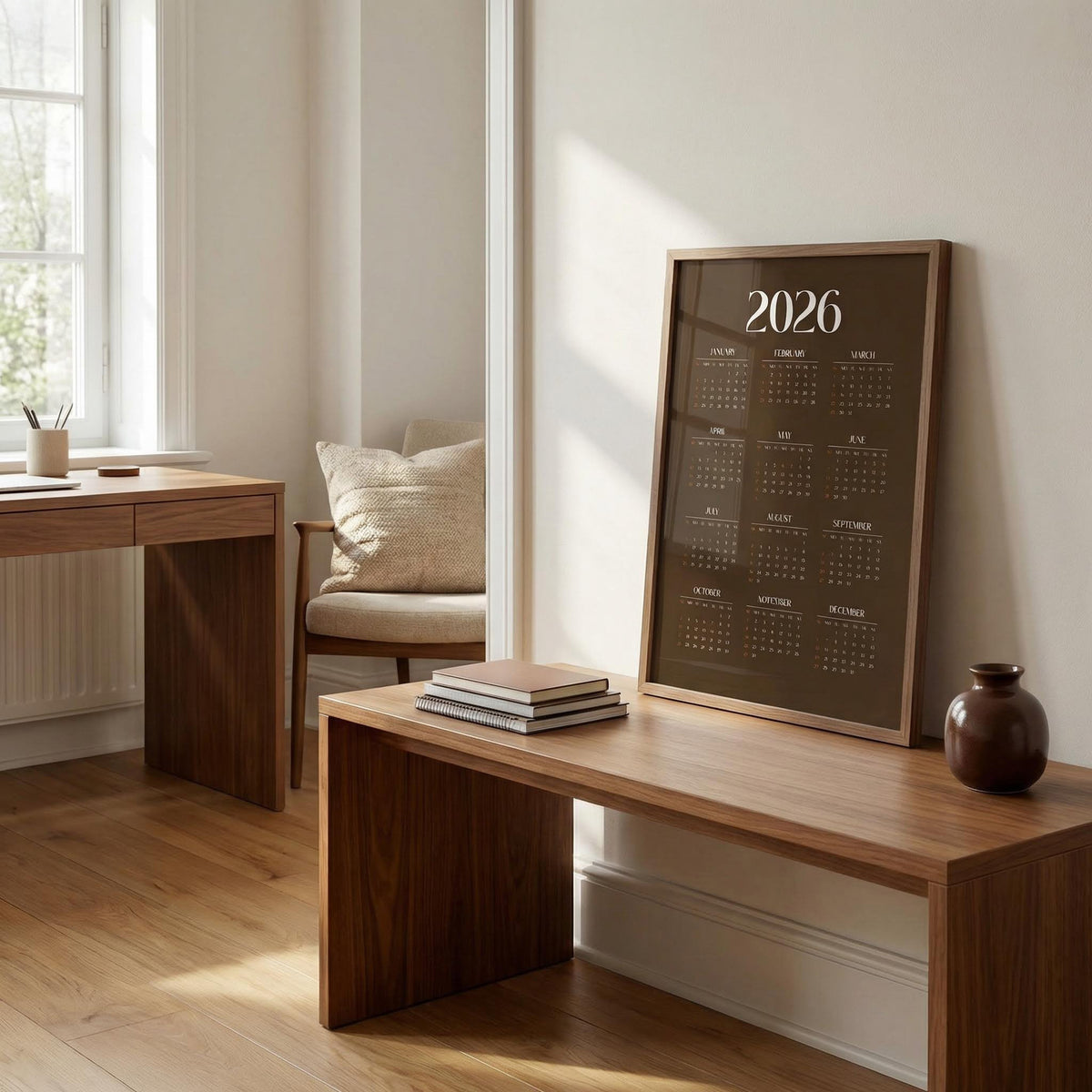 Modern interior with a wooden desk, chair, and calendar on a wall.