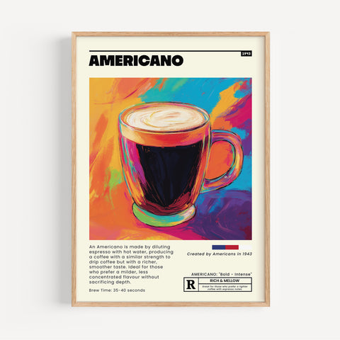 Colorful Americano coffee poster print for modern kitchen wall art