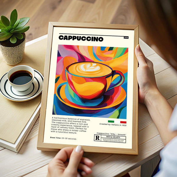Coffee cup wall art print with a cappuccino foam detail in vibrant colors