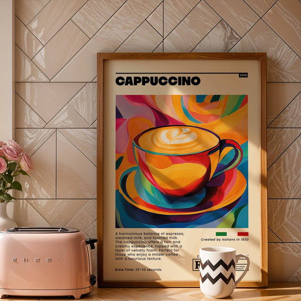 Cappuccino-themed coffee cup wall art for espresso lovers' kitchens

