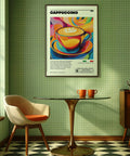 Trendy coffee lovers wall art with vibrant cappuccino design
