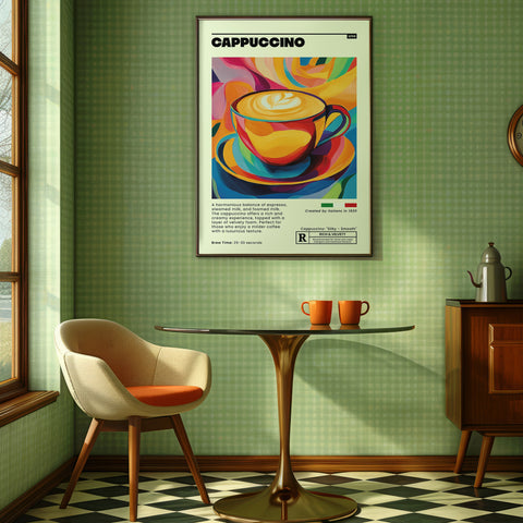 Trendy coffee lovers wall art with vibrant cappuccino design
