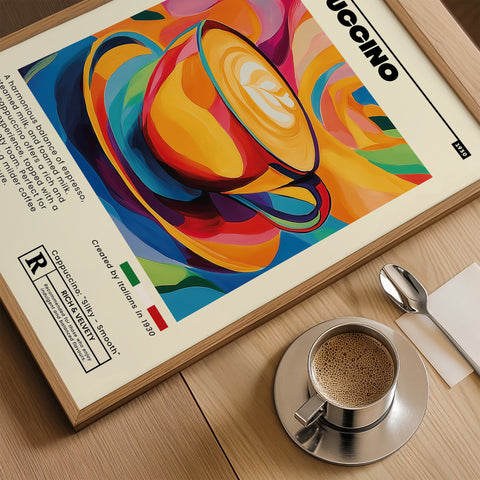 Colourful cappuccino coffee wall art for modern kitchen decor
