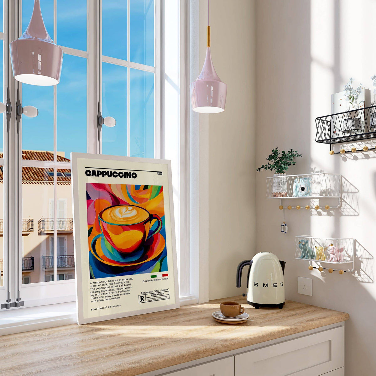 Coffee cup wall art poster showing warm tones ideal for a breakfast nook