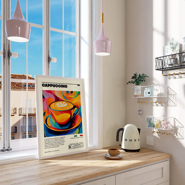 Coffee cup wall art poster showing warm tones ideal for a breakfast nook