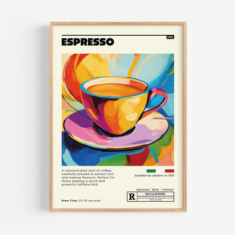 Colourful Italian espresso poster for trendy kitchen or home café wall decor.