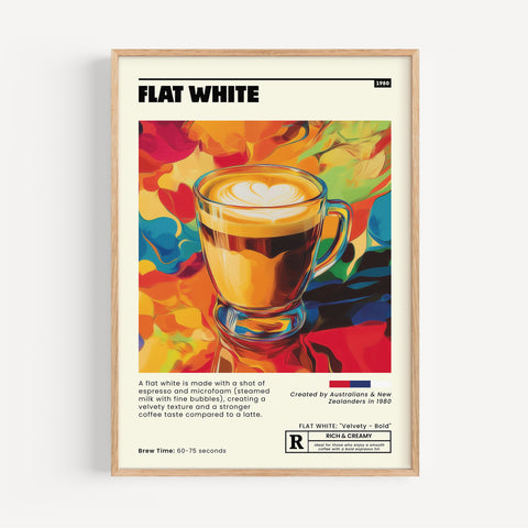 Colourful flat white coffee wall art for cafés, dining rooms, and coffee bars