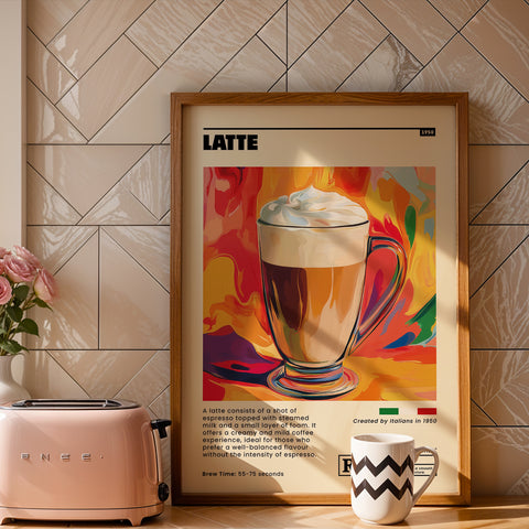 Bold Italian coffee art poster latte recipe in vibrant colours
