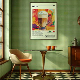 Dining area decor with colourful coffee artwork prints illustration