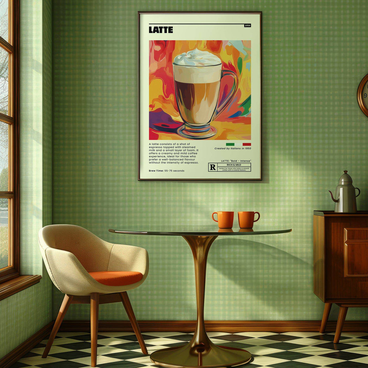 Dining area decor with colourful coffee artwork prints illustration