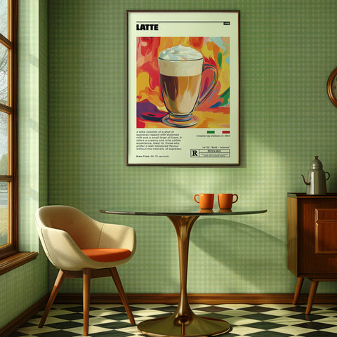 Retro Italian coffee wall art latte recipe print for dining area
