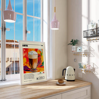 Modern kitchen featuring latte coffee artwork prints