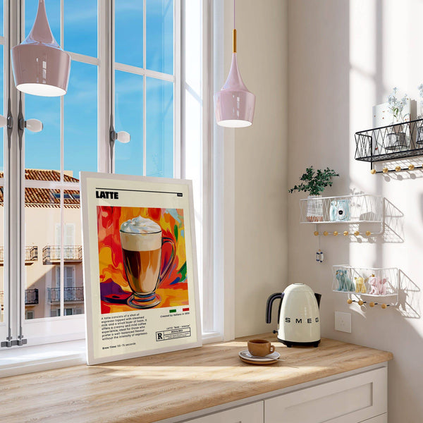 Modern kitchen featuring latte coffee artwork prints