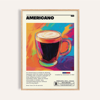 Framed print close-up of coffee print for kitchen showing Americano coffee cup illustration in bright colours