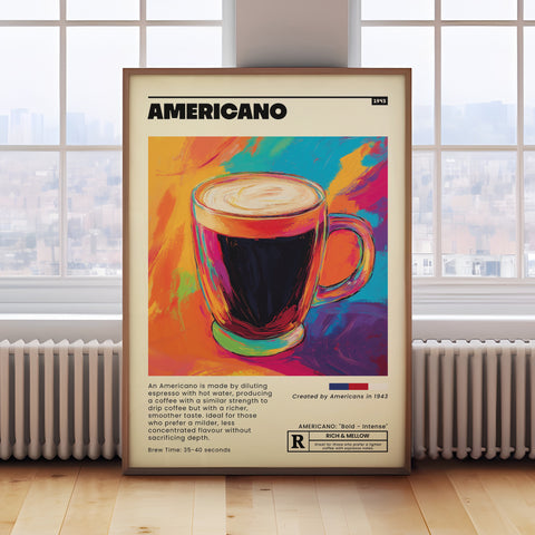 Colorful Americano coffee poster print for modern kitchen wall art