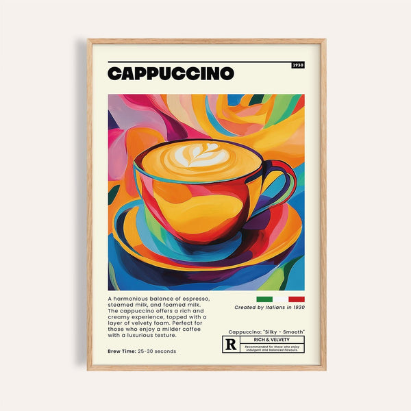 Bright coffee cup wall art with yellow, red, and orange for kitchen walls