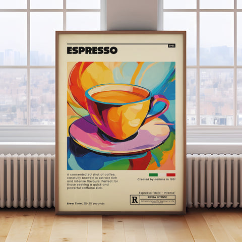 Colourful Italian espresso poster for trendy kitchen or home café wall decor.