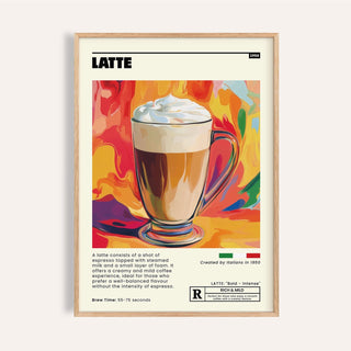 Coffee Artwork Prints of a latte coffee cup illustration with colourful background in a wooden frame