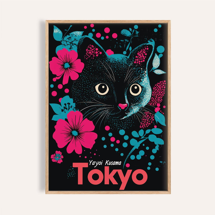 Japanese cat art featuring whimsical black cat with floral accents for bedroom decor