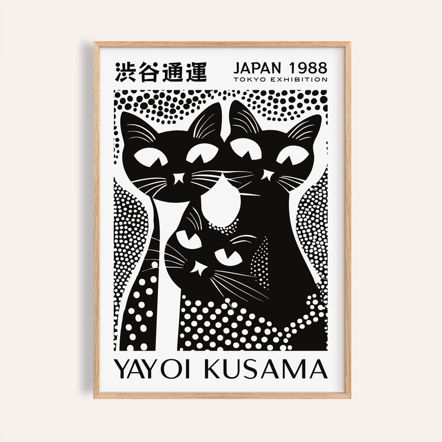 Black cat poster art featuring Yayoi Kusama-inspired design