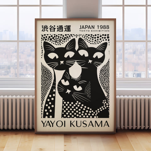 Graphic cat poster with dot patterns, perfect for modern interiors
