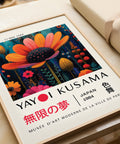 Colourful floral print with vibrant orange, red, and green flowers inspired by Yayoi Kusama

