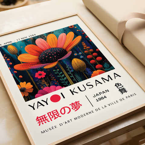 Colourful floral print with vibrant orange, red, and green flowers inspired by Yayoi Kusama

