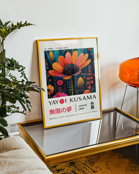 Colour Dance Yayoi Kusama floral print with bold, colourful petals
