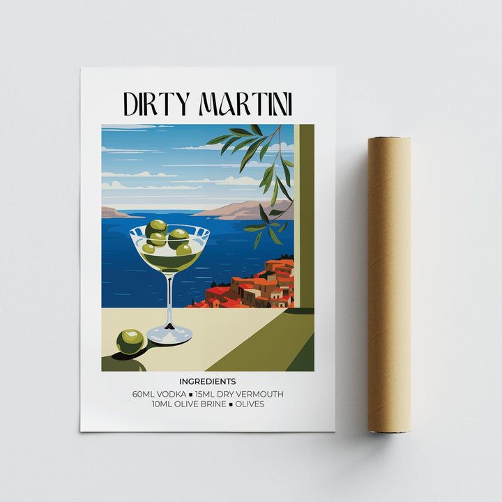 Matisse Dirty Martini art print with minimalist illustration and blue sea background next to a packaging tube