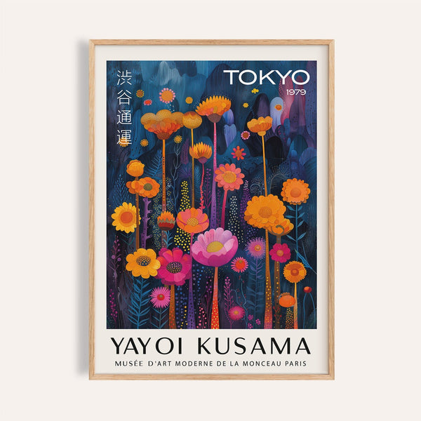 Colorful flower wall art with Kusama-style blooms on deep blue