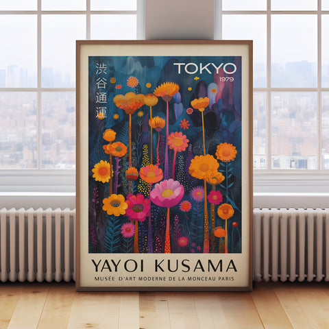 Tokyo flower wall art with bold Kusama floral patterns.
