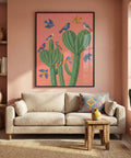 Living room with a beige sofa, wooden coffee table, and colorful cactus painting on a pink wall.