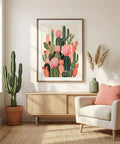 Living room with a cactus painting, potted plant, and sofa.