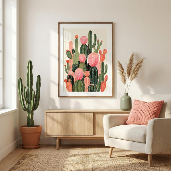 Living room with a cactus painting, potted plant, and sofa.