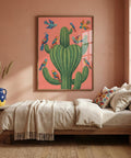 Bedroom with a colorful cactus and bird painting on a pink wall.