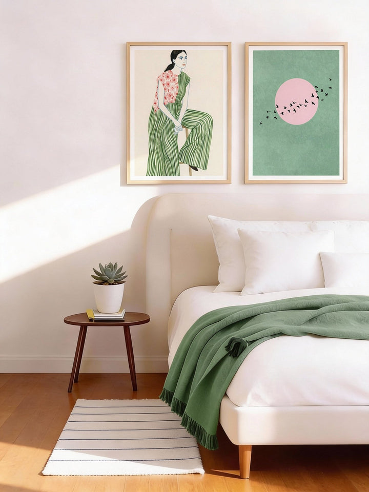 Minimalist wall art set of 2 showcasing vibrant prints in green and pink hues.