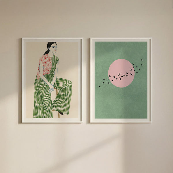 Minimalist Wall Art Set of 2 in pink and green