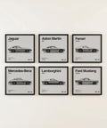 Automotive Posters Set of 6 classic supercars from the mid century in black and white