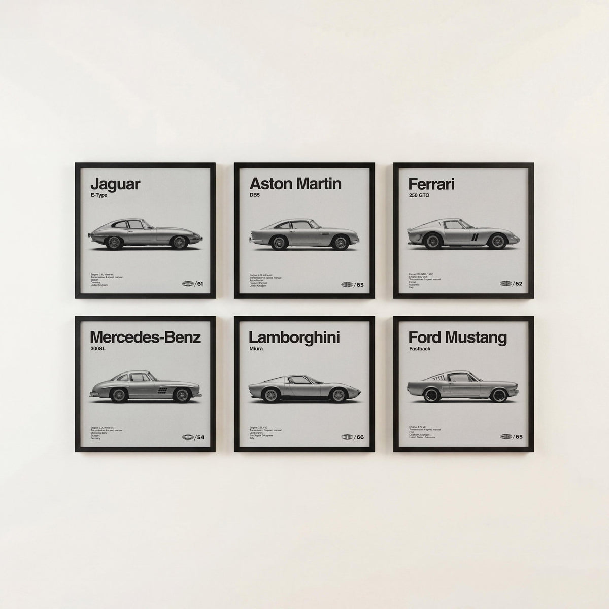 Automotive Posters Set of 6 classic supercars from the mid century in black and white