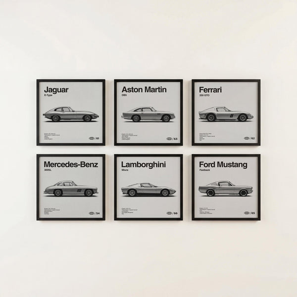 Automotive Posters Set of 6 classic supercars from the mid century in black and white