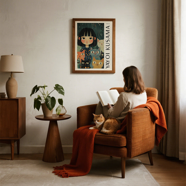 Woman reading a book with a cat on her lap in a cozy living room, framed Yayoi Kusama artwork on the wall.