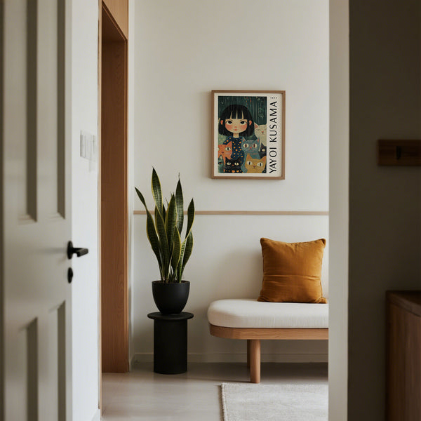 A nook with a plant, cushioned bench, and framed Yayoi Kusama poster on a wall.