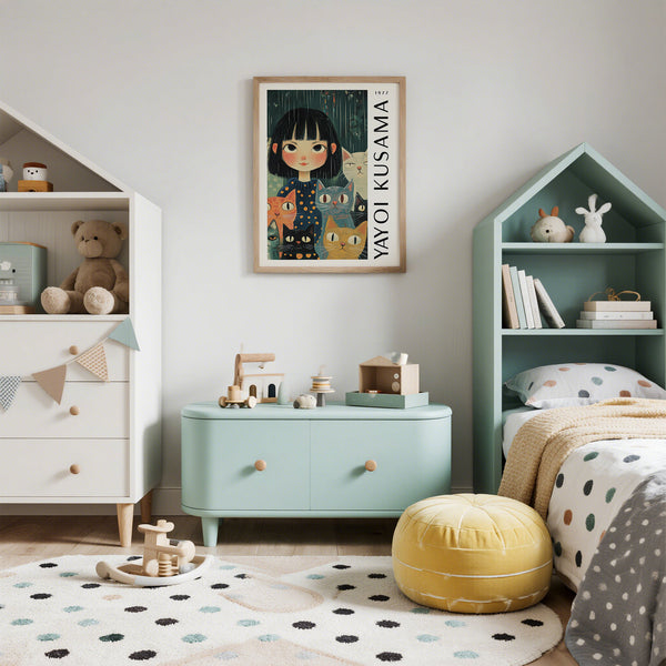 Children's room with teal dresser, bookshelf, and toys on a light gray wall.