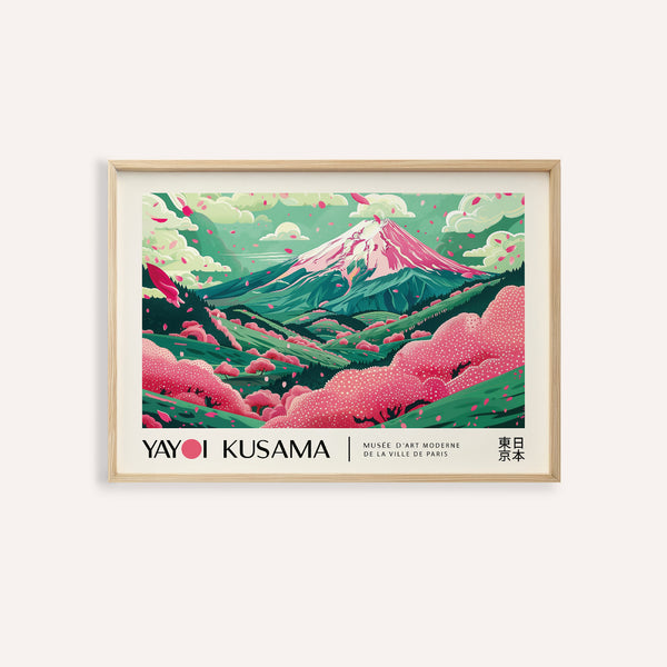Cherry blossom art print featuring a serene mountain landscape