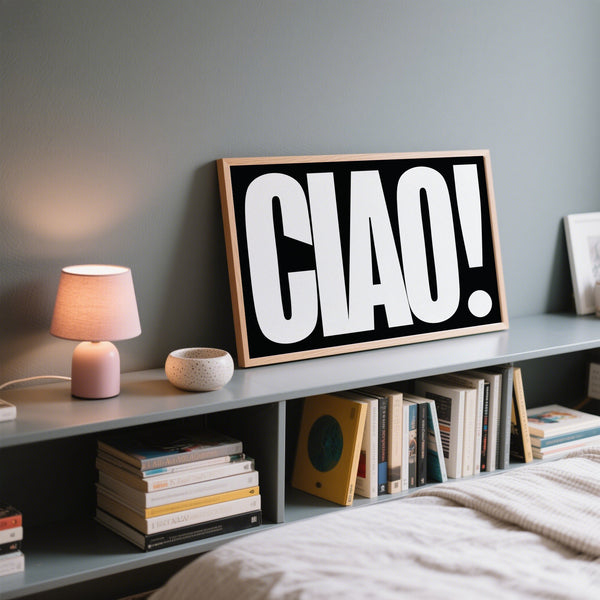 Funky Hello Poster in Italian for bedroom shelf