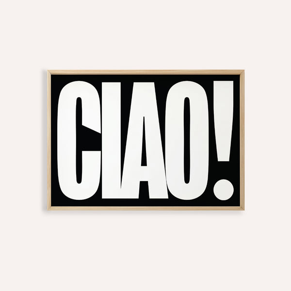 Ciao poster featuring bold black and white typography