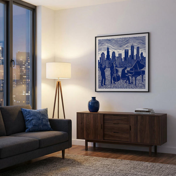 Modern living room with a cityscape artwork on the wall, dark gray sofa, wooden sideboard, and lamp.